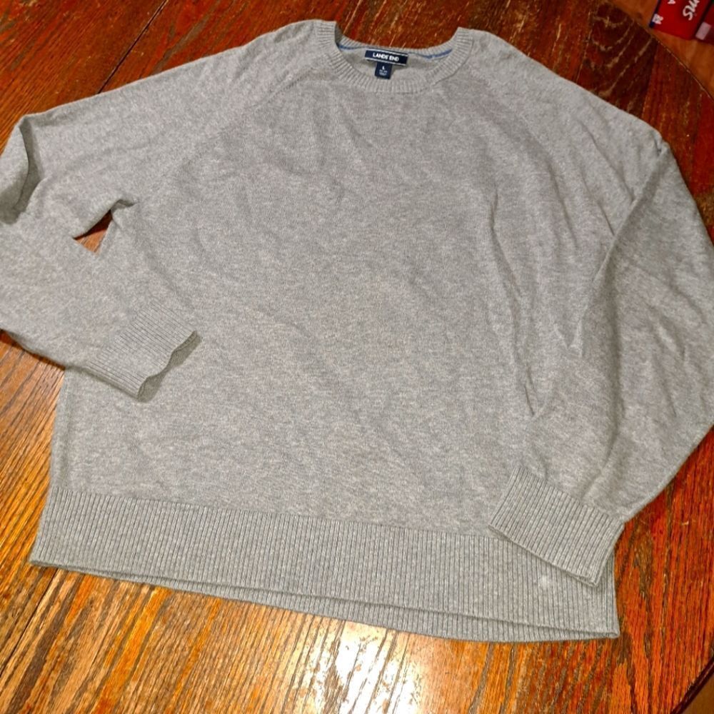 Large Lands End Grey Long Sleeve Pullover Knit Sweater Crew Neck